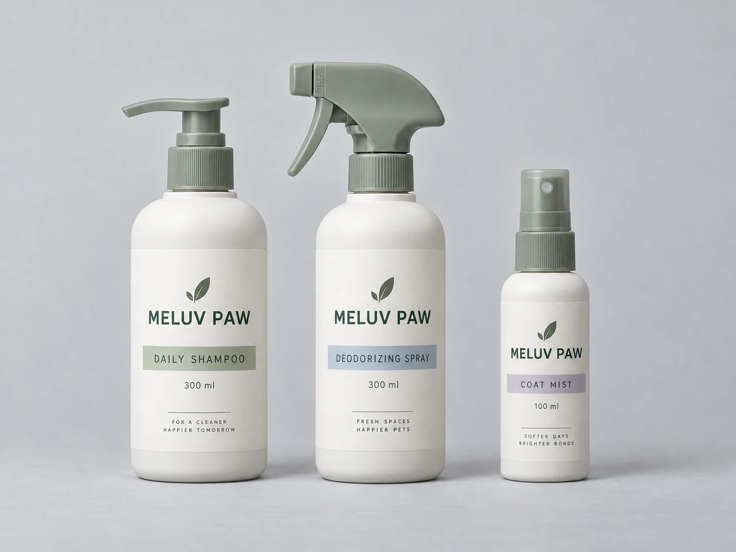 무광 흰색 용기의 MELUV PAW 샴푸, 탈취제, 미스트를 나란히 배치한 케어 컬렉션