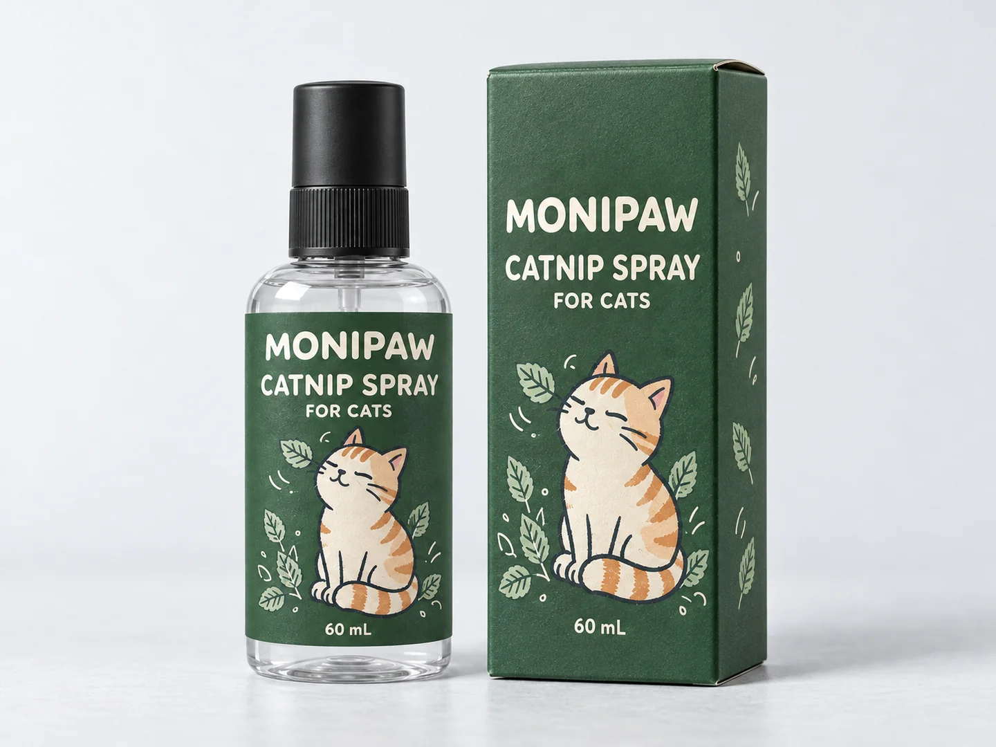 녹색 고양이 일러스트 라벨과 검정 캡의 MONIPAW 캣닢 스프레이 병, 같은 디자인의 단상자