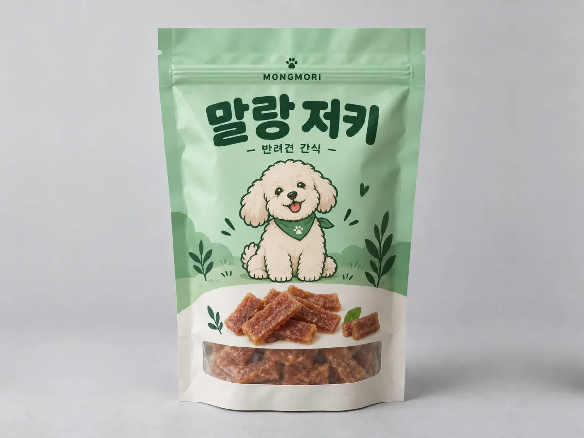 MONGMORI 로고와 말랑 저키 제품명, 강아지 캐릭터와 간식이 보이는 투명창이 있는 민트색 지퍼 파우치